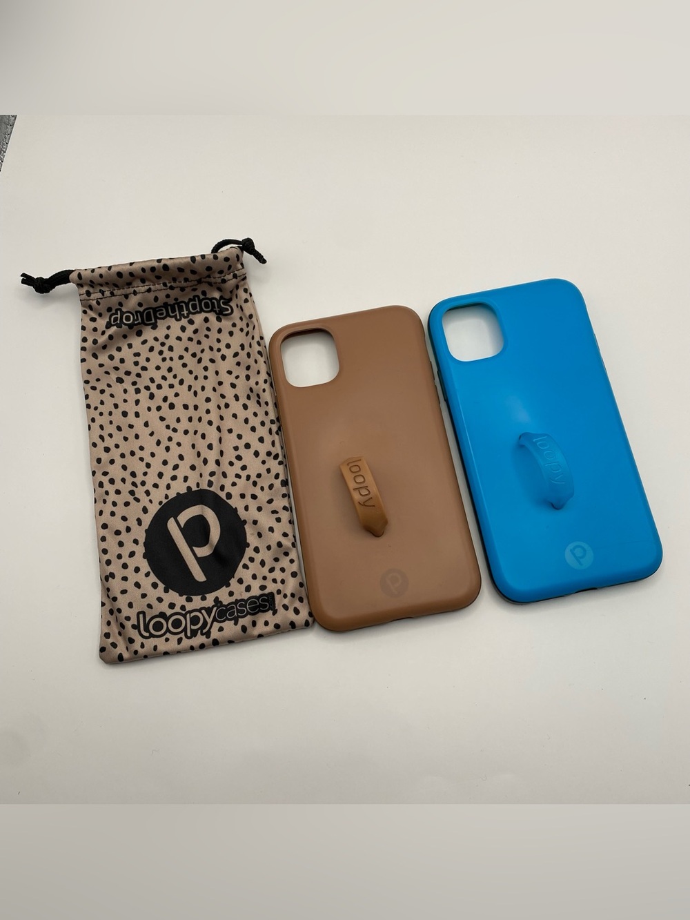 2 Loopy iPhone 11 Cases with Loop Strap - Brown and Blue plus speckled bag